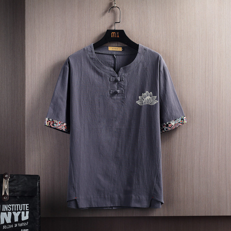 盘扣棉麻T恤男圆领宽松大码风男装夏季上衣A266-1-T25-P45,男装T恤,电商A266-1
