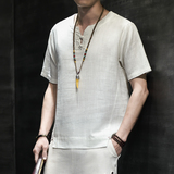 亚麻风男装T恤男圆领宽松盘扣夏季上衣青年A266-1-T156-P40，男装T恤，电商A266-1