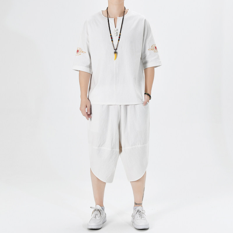 夏季风青年套装男大码宽松小V口盘扣两件套A266-1-TZ1990-P70,男装休闲套装,电商A266-1