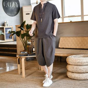 夏季风立领套装男大码宽松小V口盘扣两件套A266-1-TZ6289-P70图片