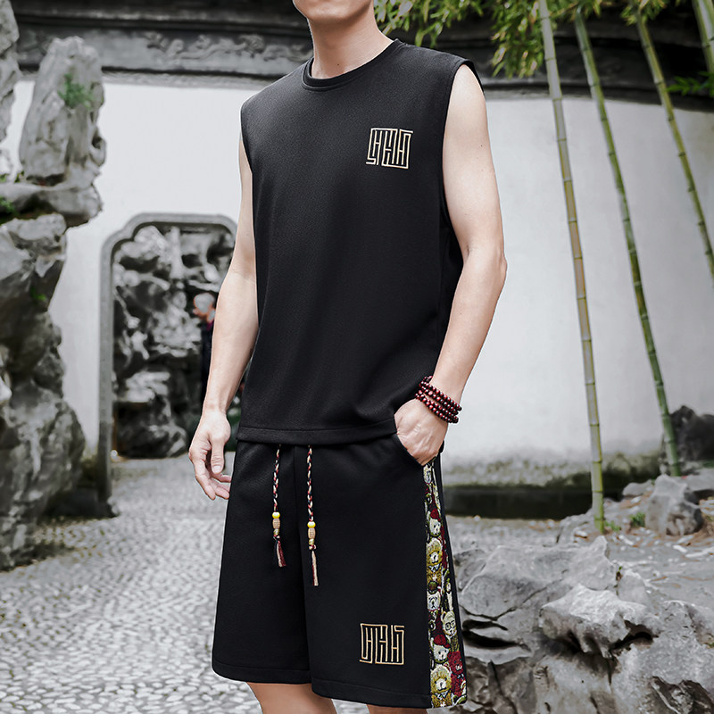 刺绣休闲运动套装男风背心一套A266-1-TZ1107-P43特批控78，男装休闲套装，电商A266-1