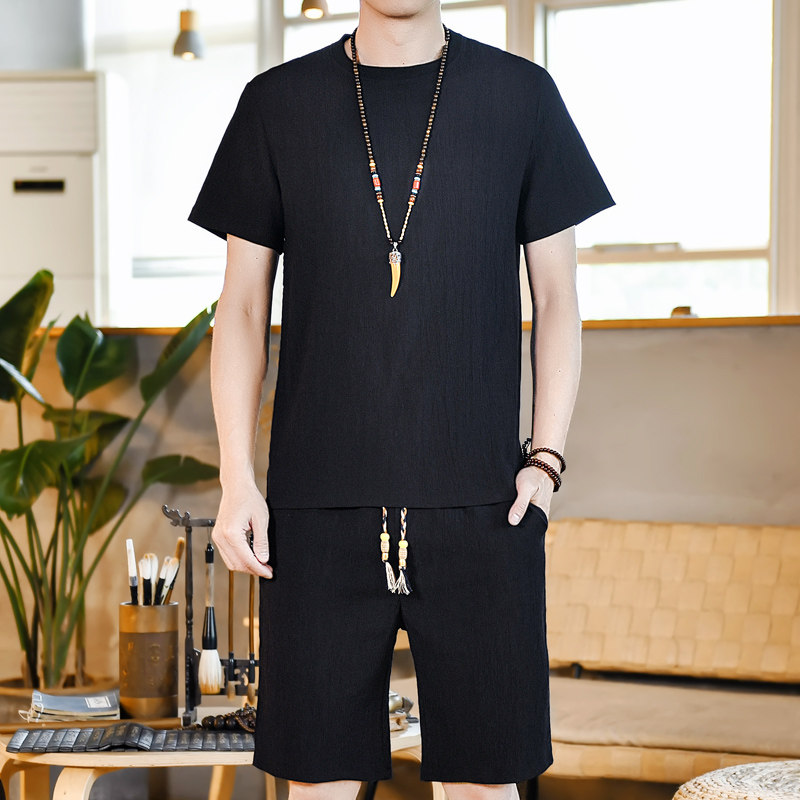 夏季风圆领套装男大码抽绳裤子复古两件套A266-1-TZ1989-P60，男装休闲套装，电商A266-1