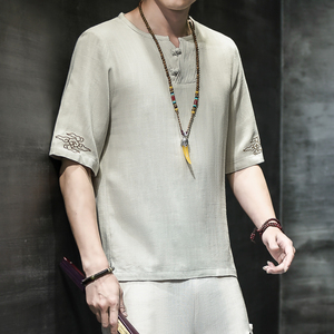 棉麻风男装T恤男圆领宽松刺绣盘扣夏季青年A266-1-T188-P40,孟哥男装教搭配图片