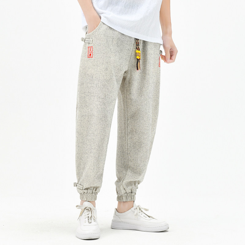 棉麻风九分裤抽绳波点刺绣男装复古休闲裤夏季A266-1-K85-P60，男装休闲裤，电商A266-1