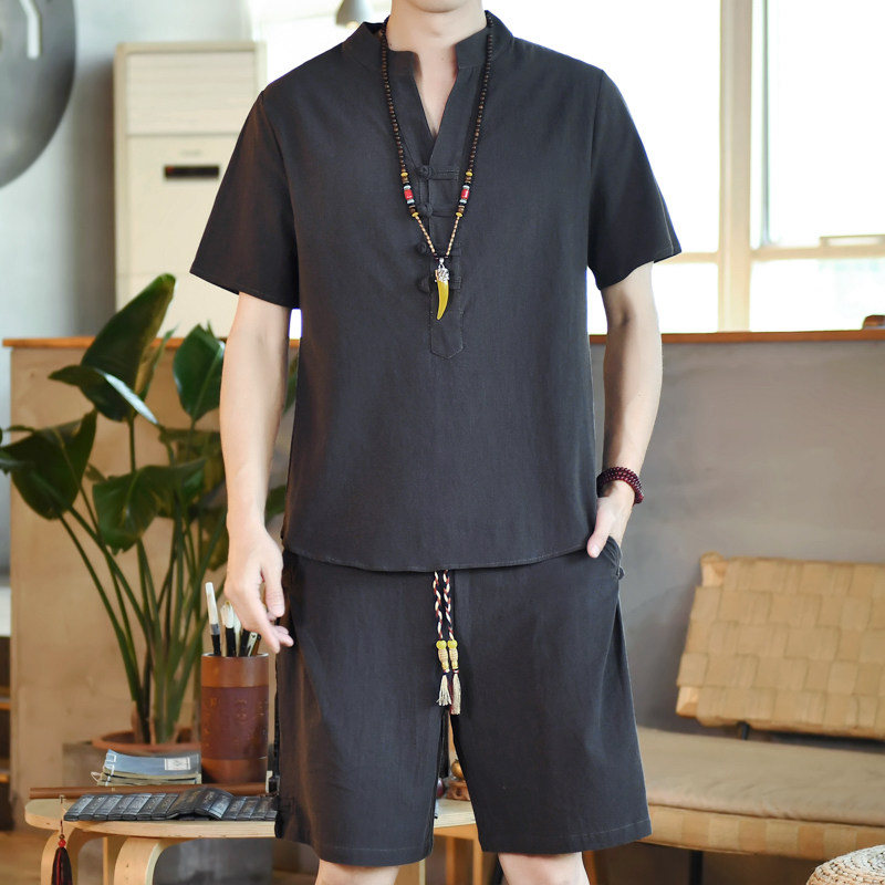 夏季风纯色套装男大码宽松男装盘扣两件套A266-1-TZ6286-P60，男装休闲套装，电商A266-1