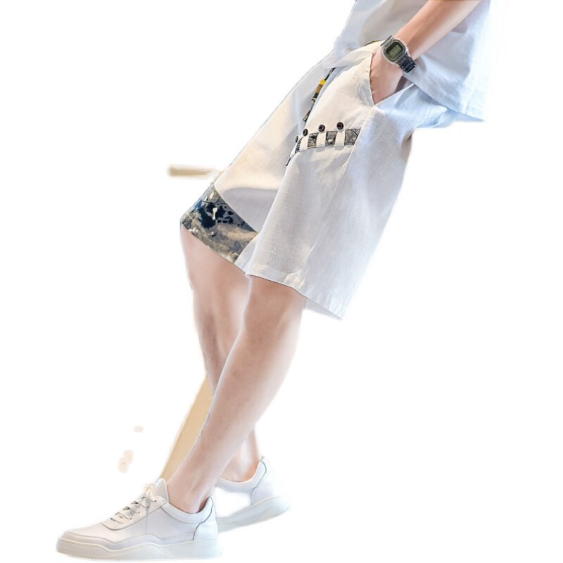 2025夏季新款亚麻短裤男宽松大码拼接休闲裤抽绳A266-1-K49-P35,男装牛仔裤,电商A266-1