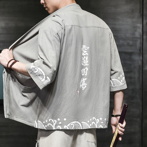 棉麻风男装T恤男圆领宽松汉服盘扣夏季青年A266-1-F58-P40图片