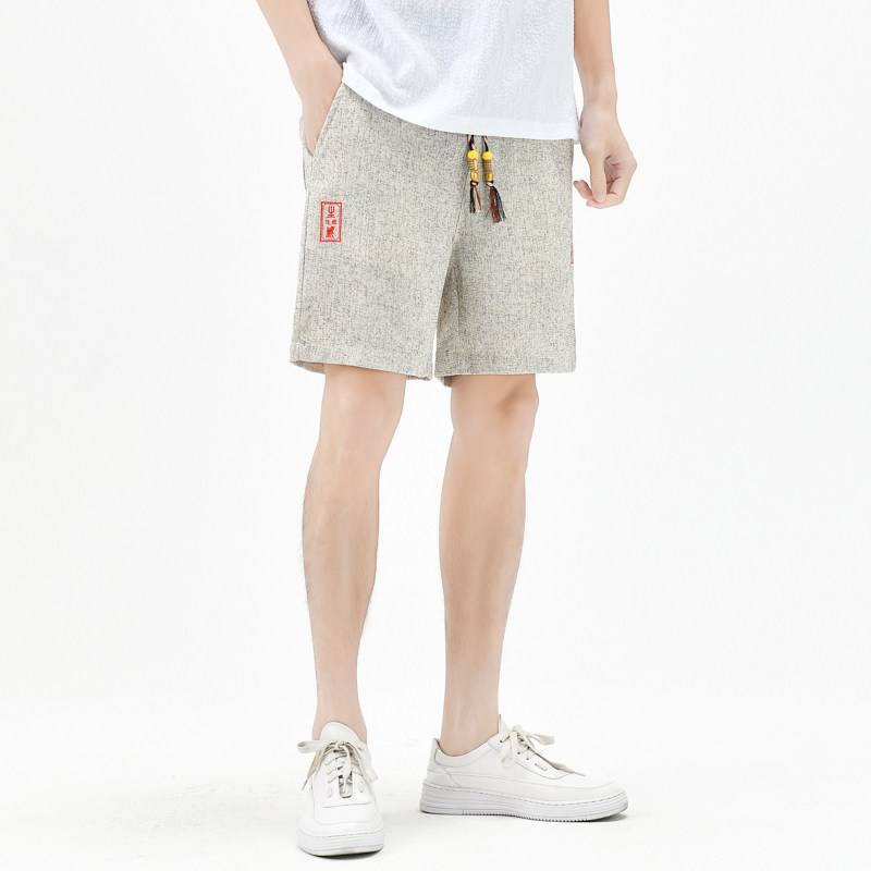 棉麻风短裤男抽绳波点刺绣男装复古休闲裤夏季A266-1-K83-P45,男装牛仔裤,电商A266-1