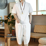 夏季风立领套装男大码宽松小V口盘扣两件套A266-1-TZ6289-P70，男装休闲套装，电商A266-1