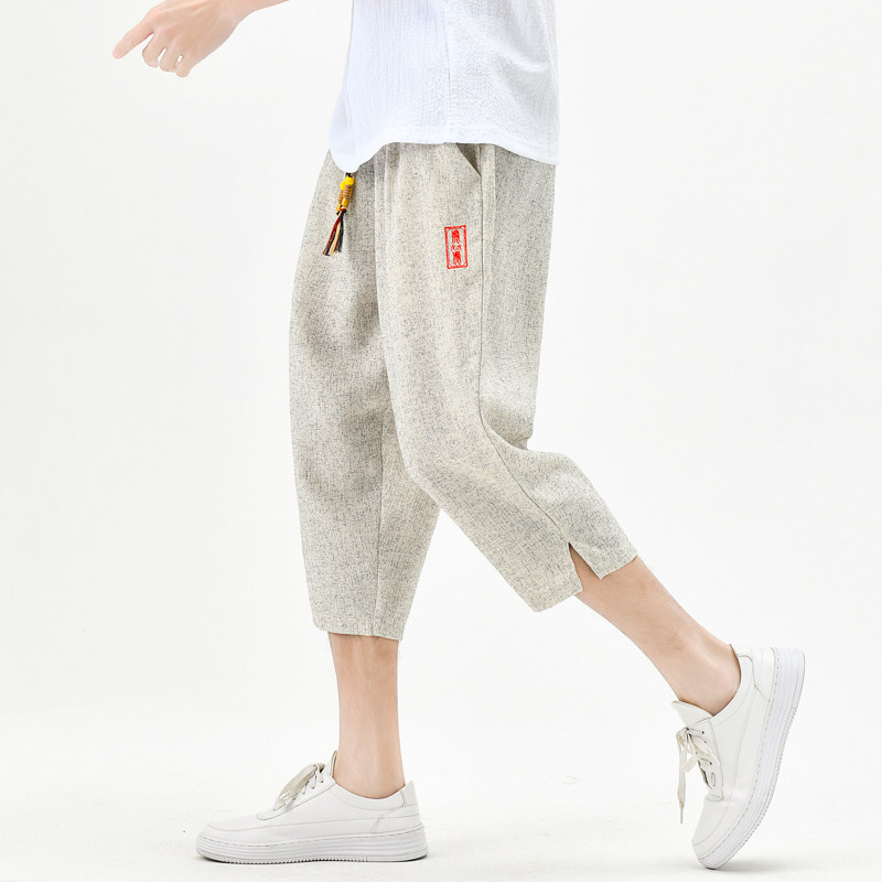 棉麻风七分裤男抽绳刺绣波点男装休闲裤夏季A266-1-K84-P50,男装牛仔裤,电商A266-1