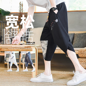夏季棉麻七分裤抽绳青年宽松拼接风休闲裤男A266-1-K52-P35图片