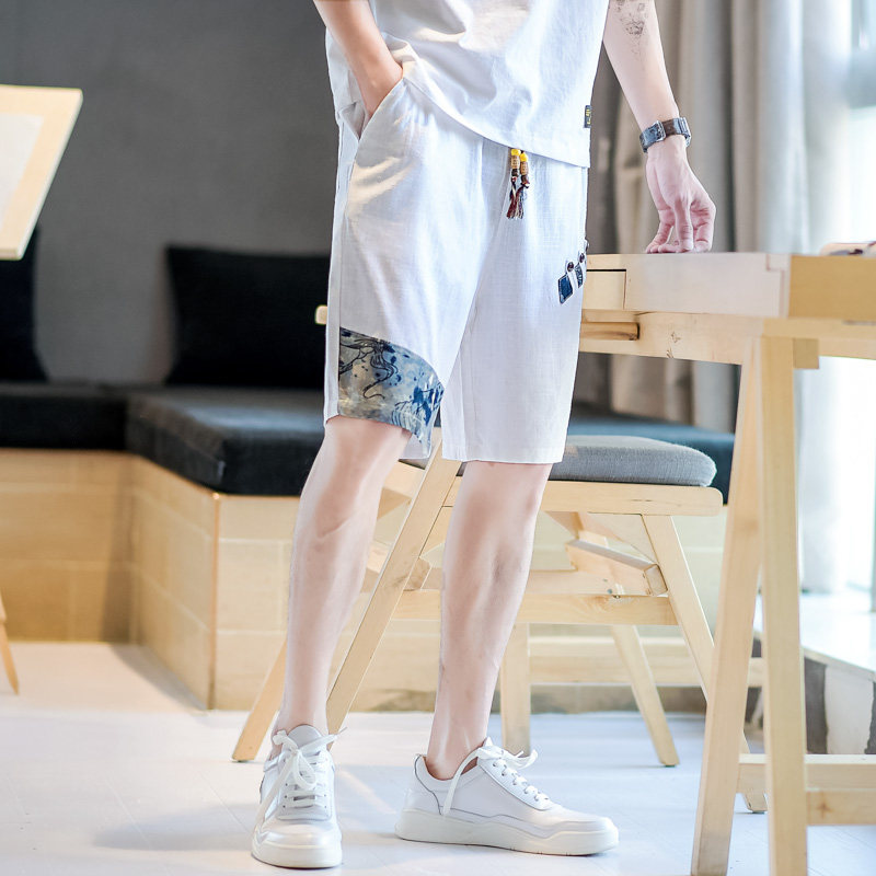 宽松亚麻短裤男大码拼接2025夏季新款休闲裤抽绳A266-1-K49-P35，男装牛仔裤，电商A266-1