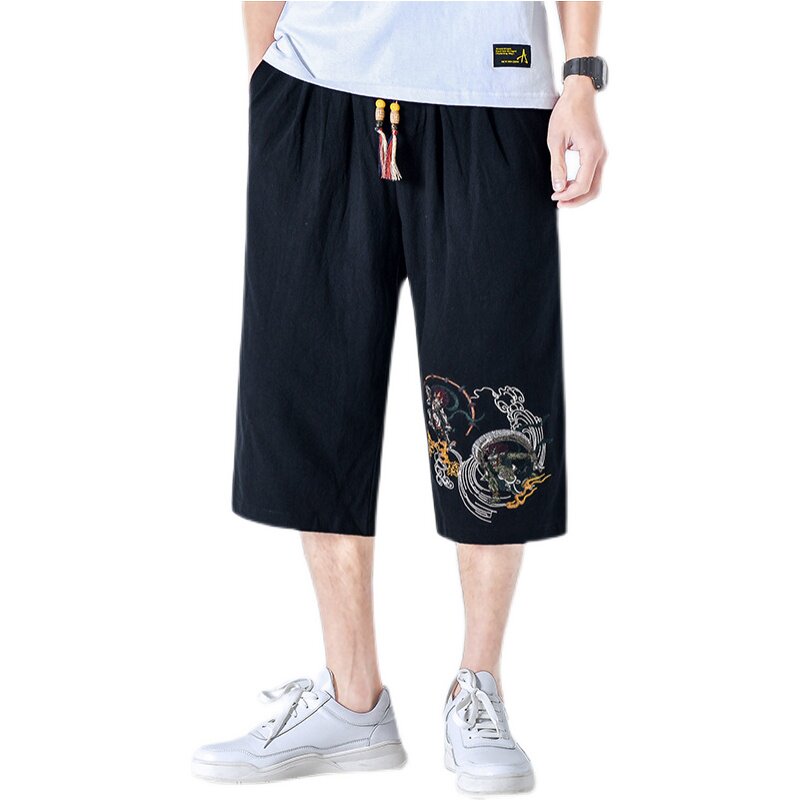 夏季棉麻风刺绣七分裤男宽松中裤男装抽绳裤子A266-1-K10-P50,男装牛仔裤,电商A266-1