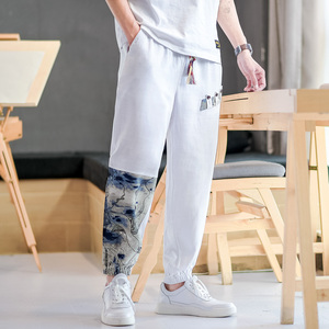 束脚拼接亚麻休闲裤男风抽绳小脚长裤复古韩版A266-1-K41-P50图片