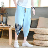 夏季风亚麻七分裤男抽绳宽松7分拼接休闲裤子A266-1-K51-P35，男装牛仔裤，电商A266-1