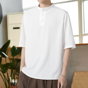 棉麻风男装T恤男圆领宽松纯色盘扣夏季青年A266-1-T161-P50图片