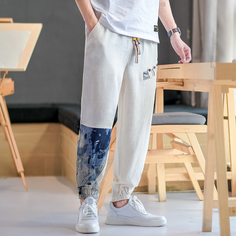 亚麻束脚休闲裤男风拼接抽绳小脚长裤复古韩版A266-1-K41-P50，男装休闲裤，电商A266-1