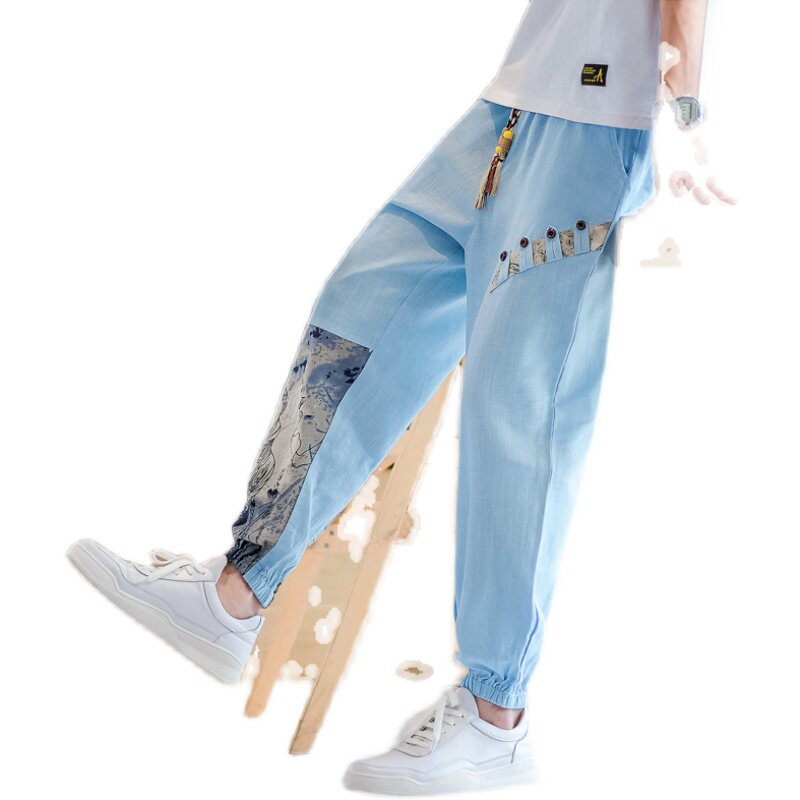 风束脚休闲裤男拼接亚麻抽绳小脚长裤复古韩版A266-1-K41-P50,男装休闲裤,电商A266-1