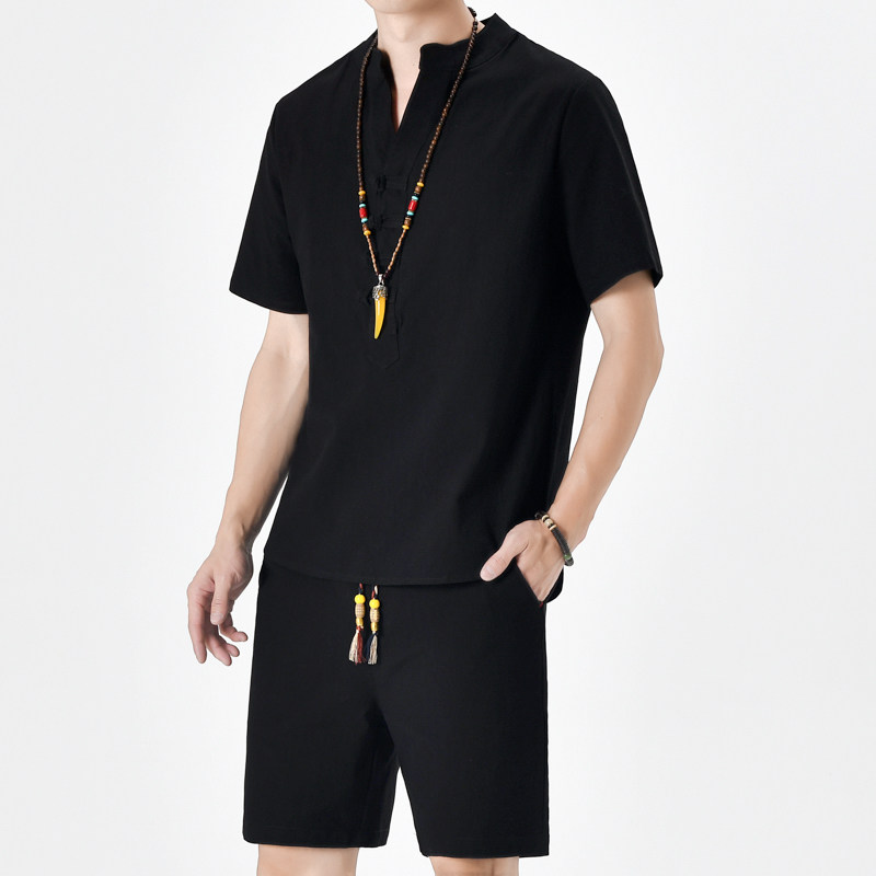 夏季风青年套装男大码棉麻小V口盘扣两件套A266-1-TZ6288-P60,男装休闲套装,电商A266-1