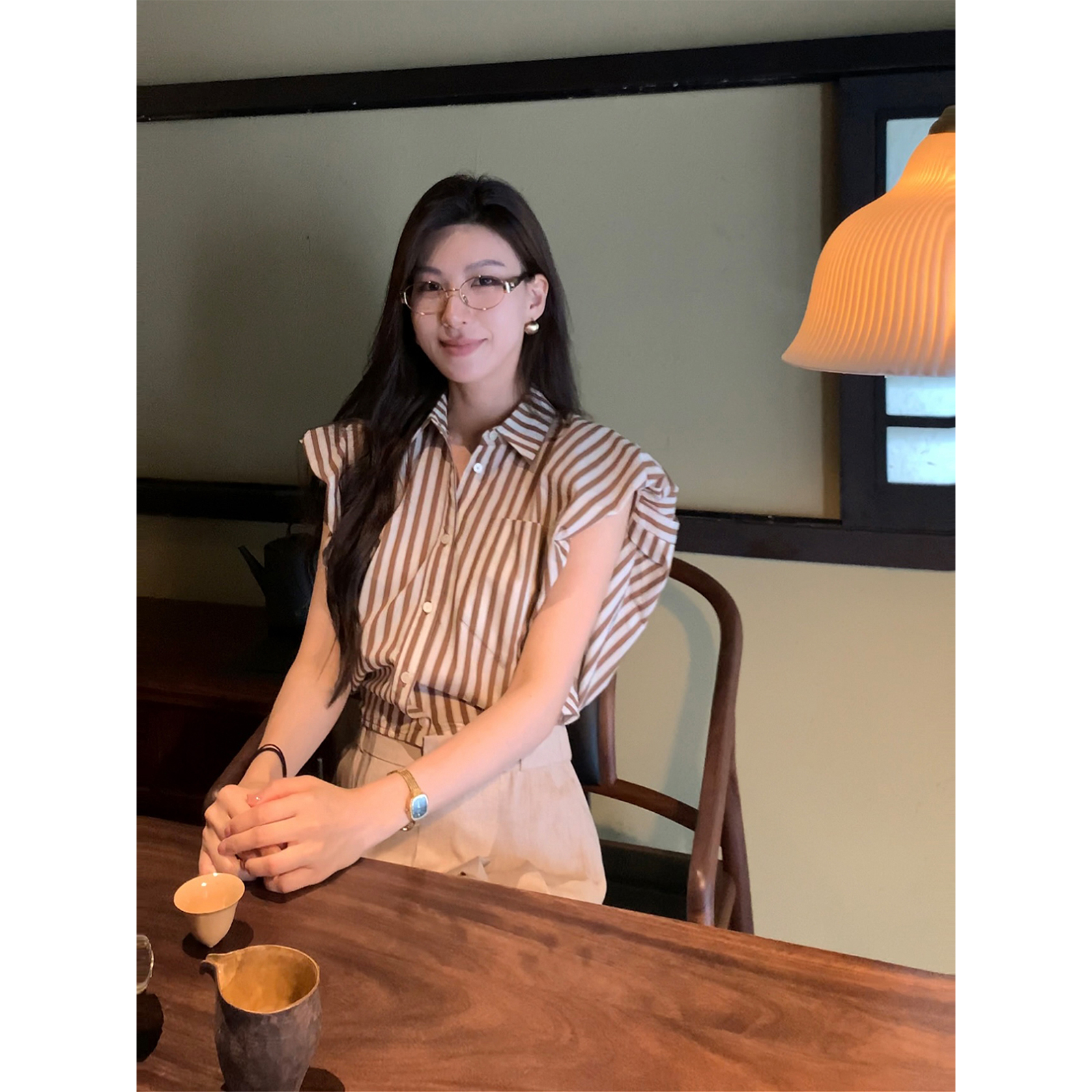 MSWUBTQE 肩部泡泡设计翻领小廓形条纹无袖衬衫上衣