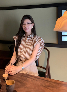 MSWUBTQE 肩部泡泡设计翻领小廓形条纹无袖衬衫上衣