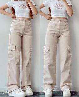 HighWaist Lady Pants Women Cargo Baggy Straight Trousers Leg