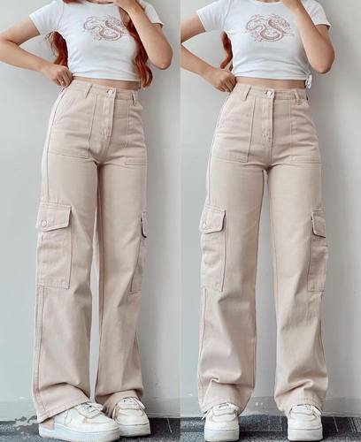 Straight Leg Cargo Pants Women HighWaist Baggy Trousers Lady