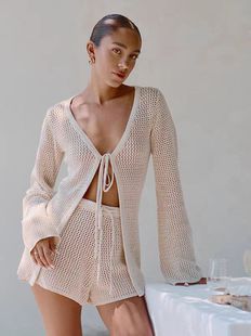 set 纯色性感针织沙滩比基尼泳衣罩衫 beach short women 防晒套装