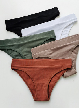大码纯色简约螺纹弹舒适女士内裤性感半包臀三角V形棉提臀三角裤