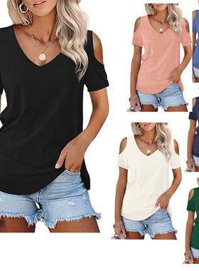 Solid color casual V-neck short-sleeved T-shirt 休闲V领T恤