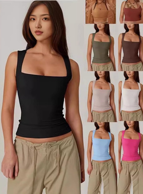 Women's tank top with square collar and exposed navel