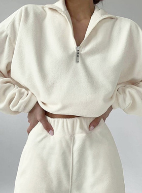 Long-sleeved high-neck cardigan hoodie striped pantsuit 套装