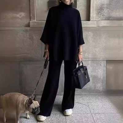Knitted sweater wide leg pants loose suit针织毛衣阔腿裤套装