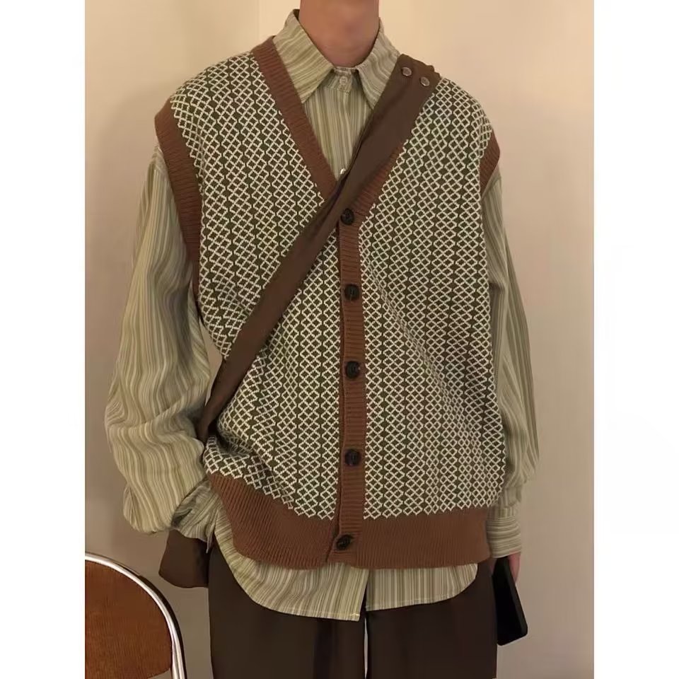 秋季宽松美式潮流百搭咖色复古针织开衫背心毛衣马甲男日系2023新