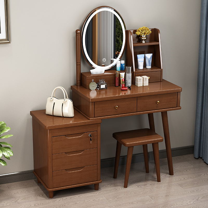 实木组装带LED灯带锁伸缩梳妆台斗柜化妆桌妆镜凳子组合中式卧室