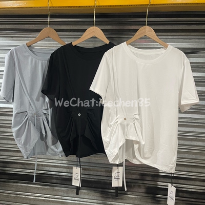 素夏susa纯色港风圆领短袖显瘦抽绳宽松上衣16311（特价不退换）