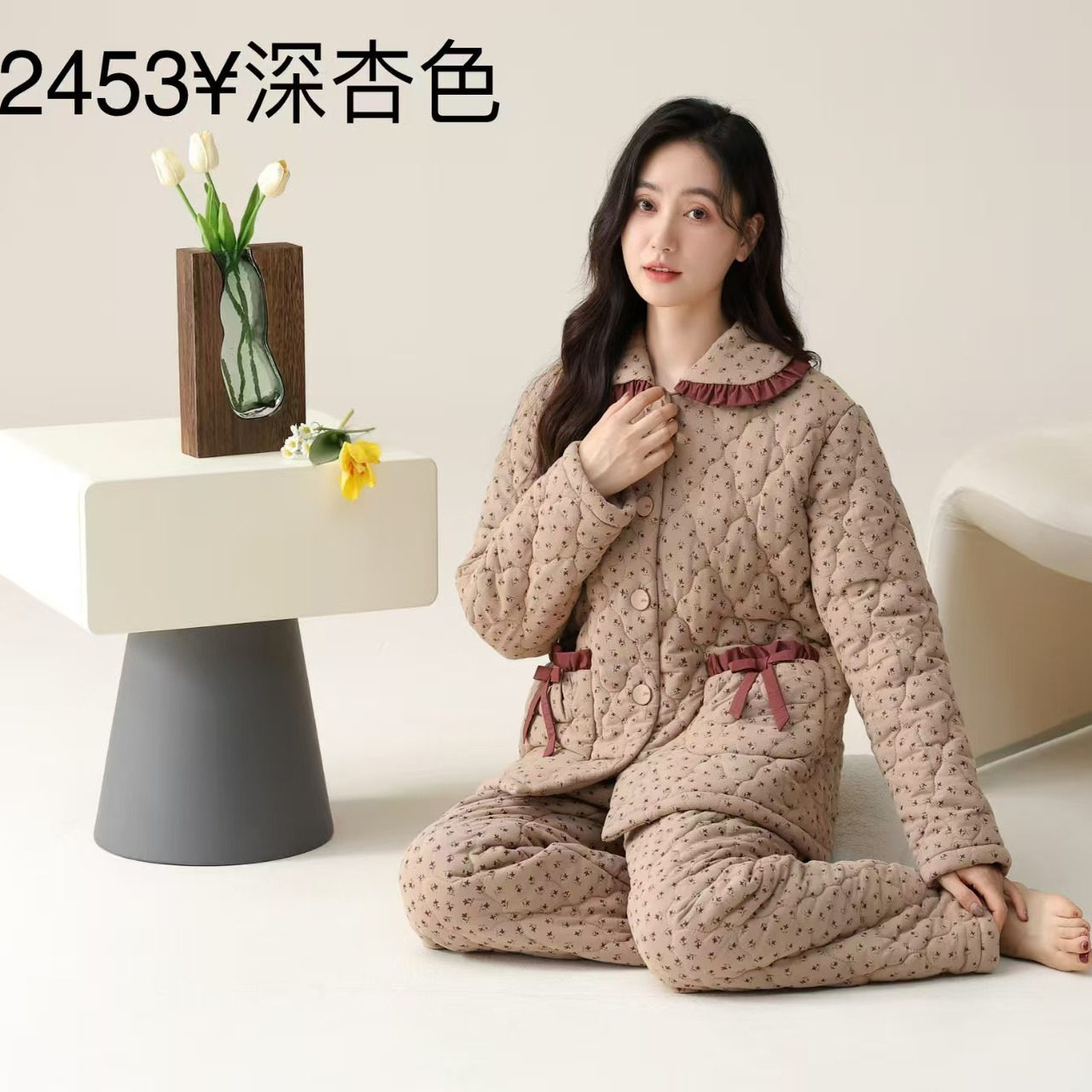 睡衣女士冬季三层加厚加绒梭织纯棉夹棉秋冬珊瑚绒冬款棉袄家居服