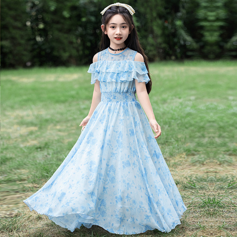女童裙子夏季童装洋气儿童公主裙2025夏装时尚洋气长裙漏肩连衣裙