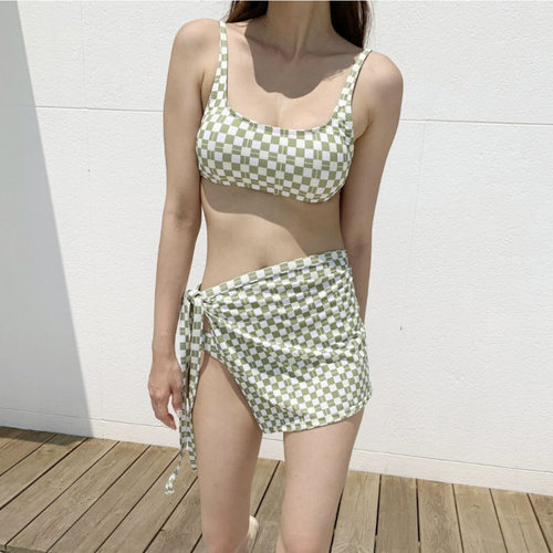 2022新款韩版三角泳衣女性感修身时尚三件套格子分体比基尼泳衣女