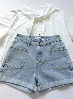 艾娃elva经典百搭夏日舒适浅蓝色卷边牛仔短裤