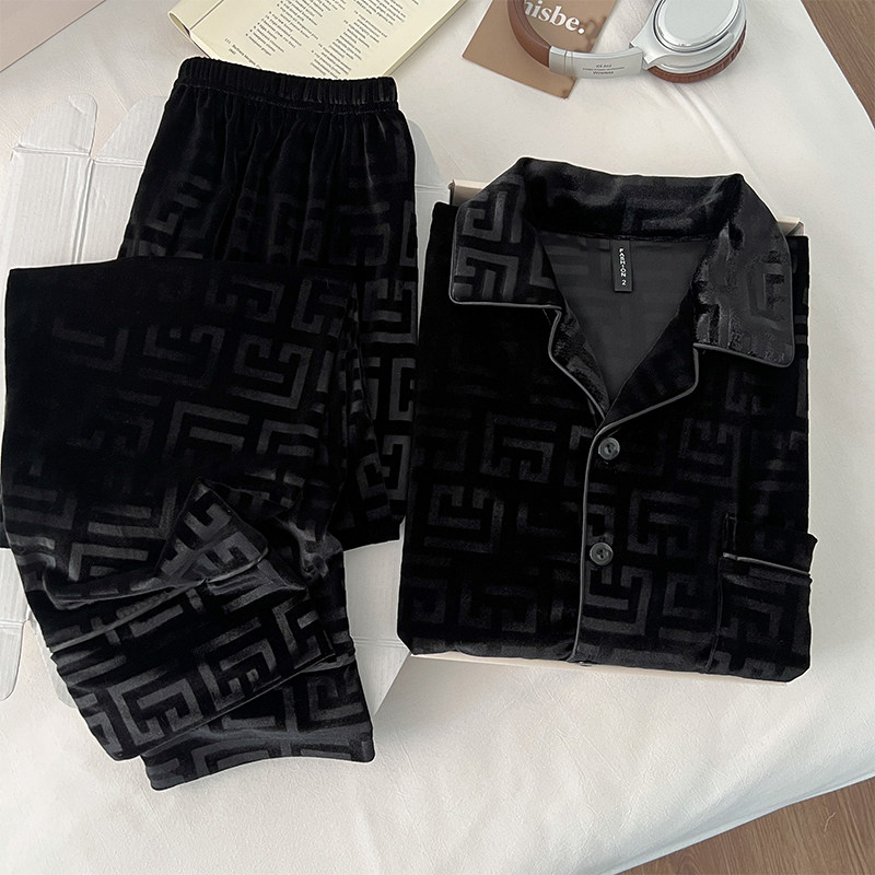 高级感黑色金钻绒睡衣男款秋冬季大码金丝绒男士家居服春秋款套装