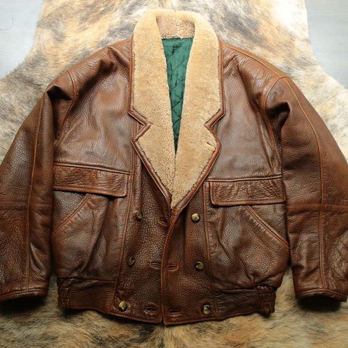 意大利制 早期1970s短款老钱复古主义Bomber羊皮毛一体领皮衣