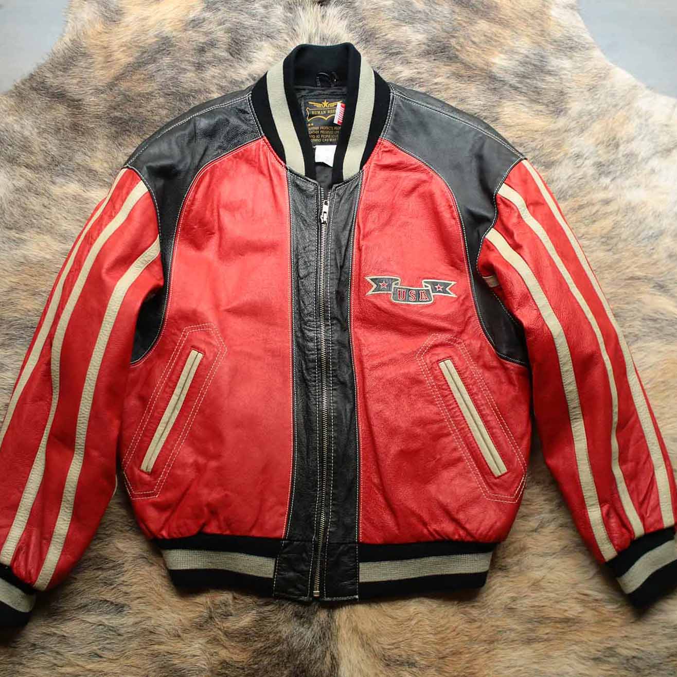 早期1990s宽松舒适全皮撞色拼接棒球服皮衣