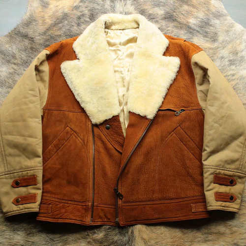 意大利制 早期1970s短款老钱复古主义Bomber羊皮毛一体领皮衣
