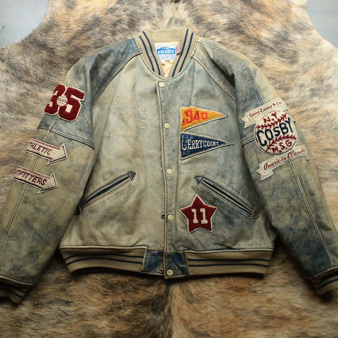 190s早期COSBY海蓝水洗做旧厚实头层牛皮Bomber棒球服皮衣