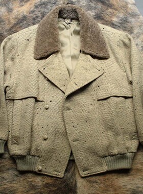 意大利制 早期1990s粗狂肌理感羊皮毛一体领羊皮拼接机车夹克