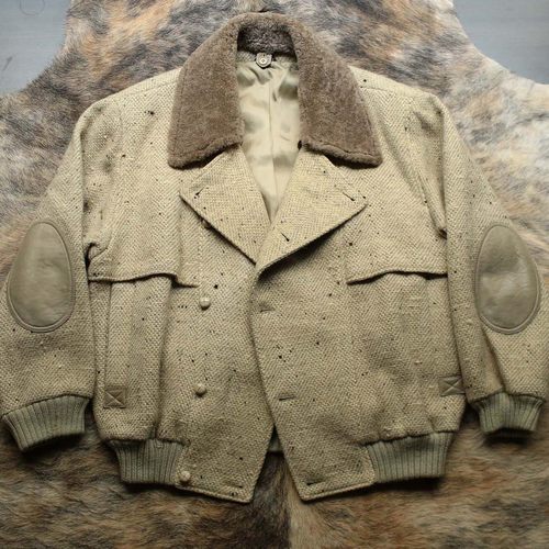 意大利制 早期1990s粗狂肌理感羊皮毛一体领羊皮拼接机车夹克