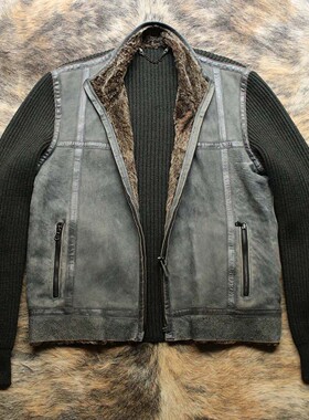 法式优雅浪漫 早期1990s羊毛拼接羊皮毛一体都市猎装皮衣