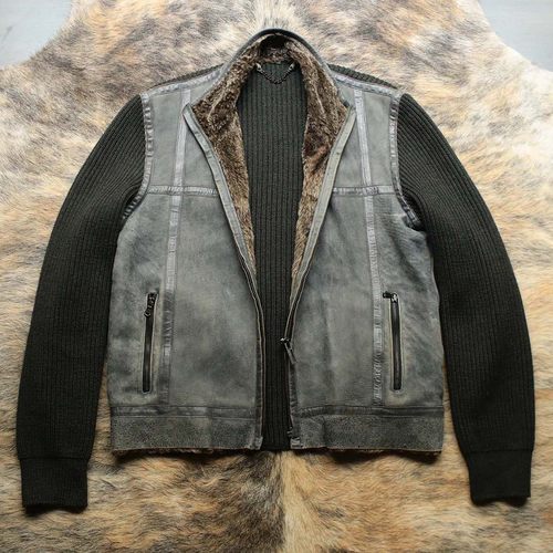 法式优雅浪漫 早期1990s羊毛拼接羊皮毛一体都市猎装皮衣