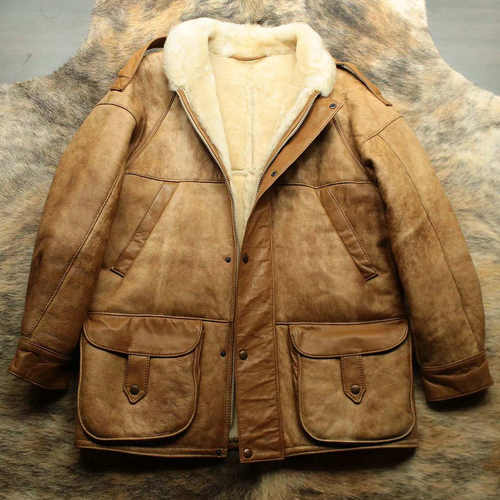 意大利制 早期1970s原始复古主义猎装羊皮毛一体皮衣